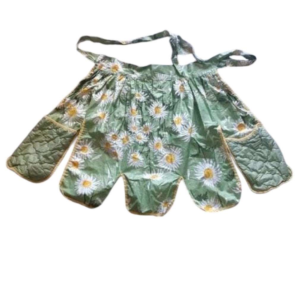 Vtg GINGHAM GIRL half apron DAISY DAISIES FLOWERS FLORAL hand pad pockets